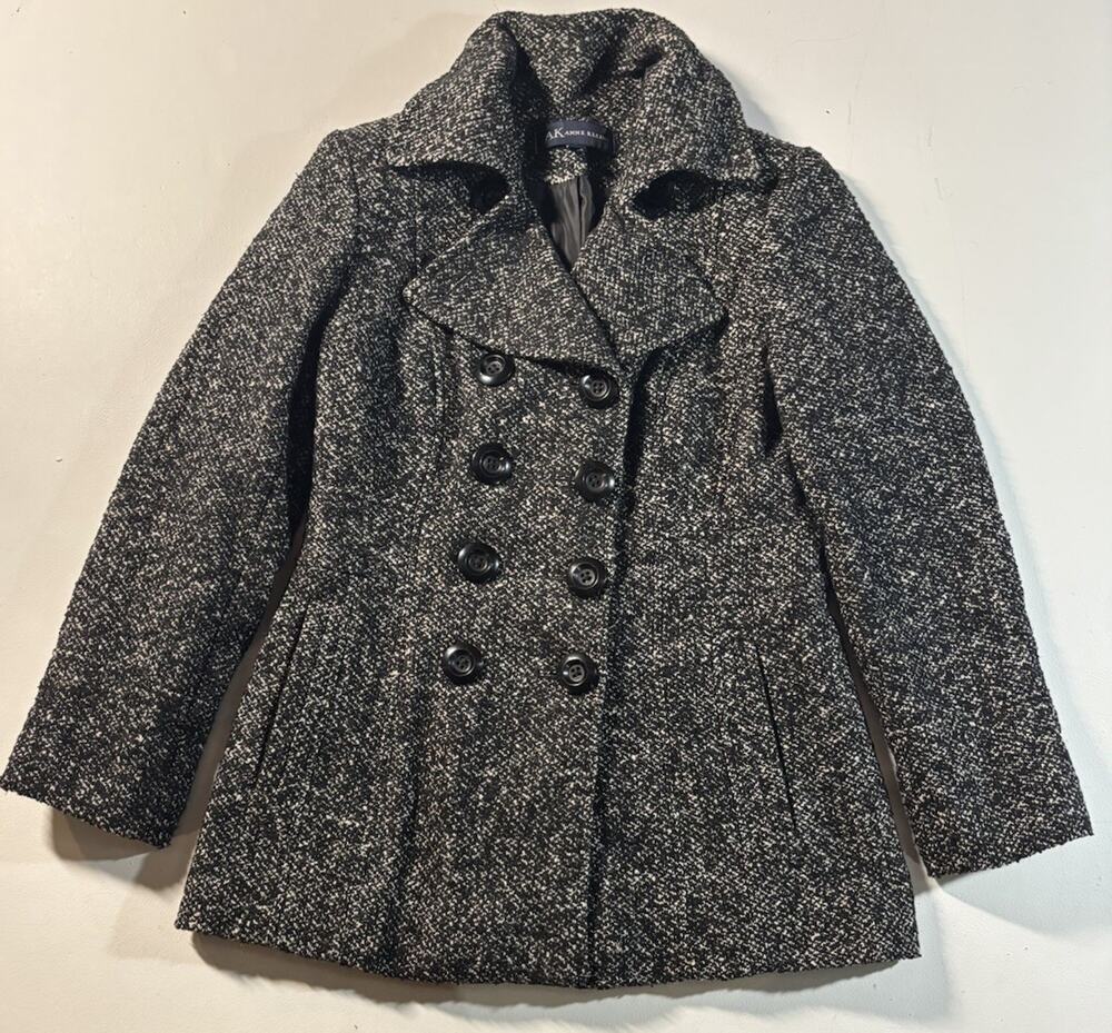 AK Anne Klein Wool Blend Double Breasted Pea Coat Size M Black & White Y2K